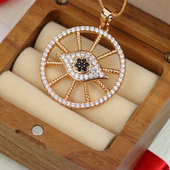 "Sparkling Rose Gold Evil Eye Round Pendant, XPPT1315 - Picture 9 of 12